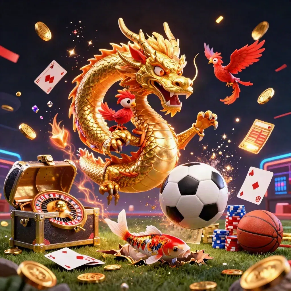Golden dragon and phoenix frame a soccer ball blasting through turf in casino neon.