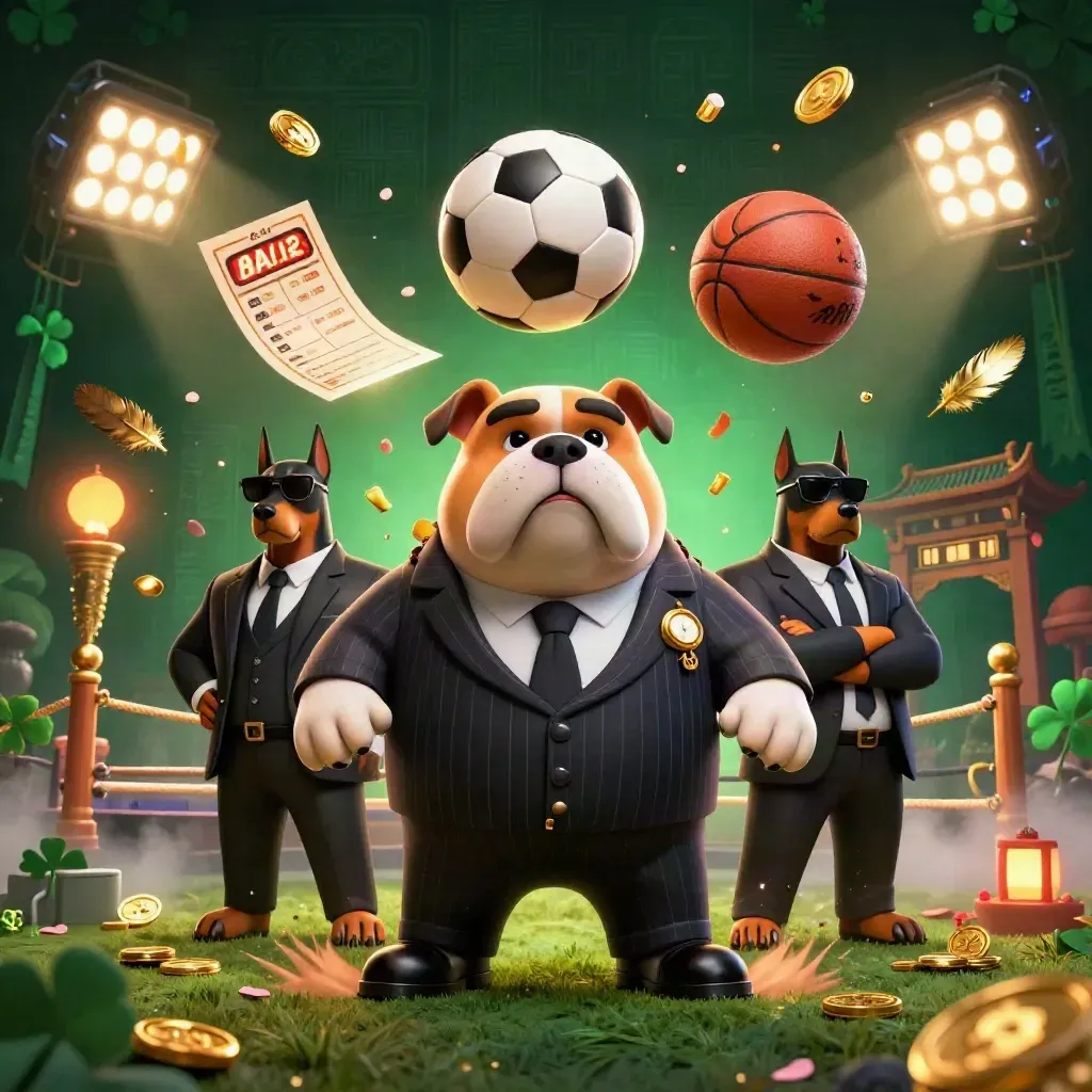 Low-angle mafia bulldog crew, soccer ball and basketball blasting through turf, gold and neon casino lights.