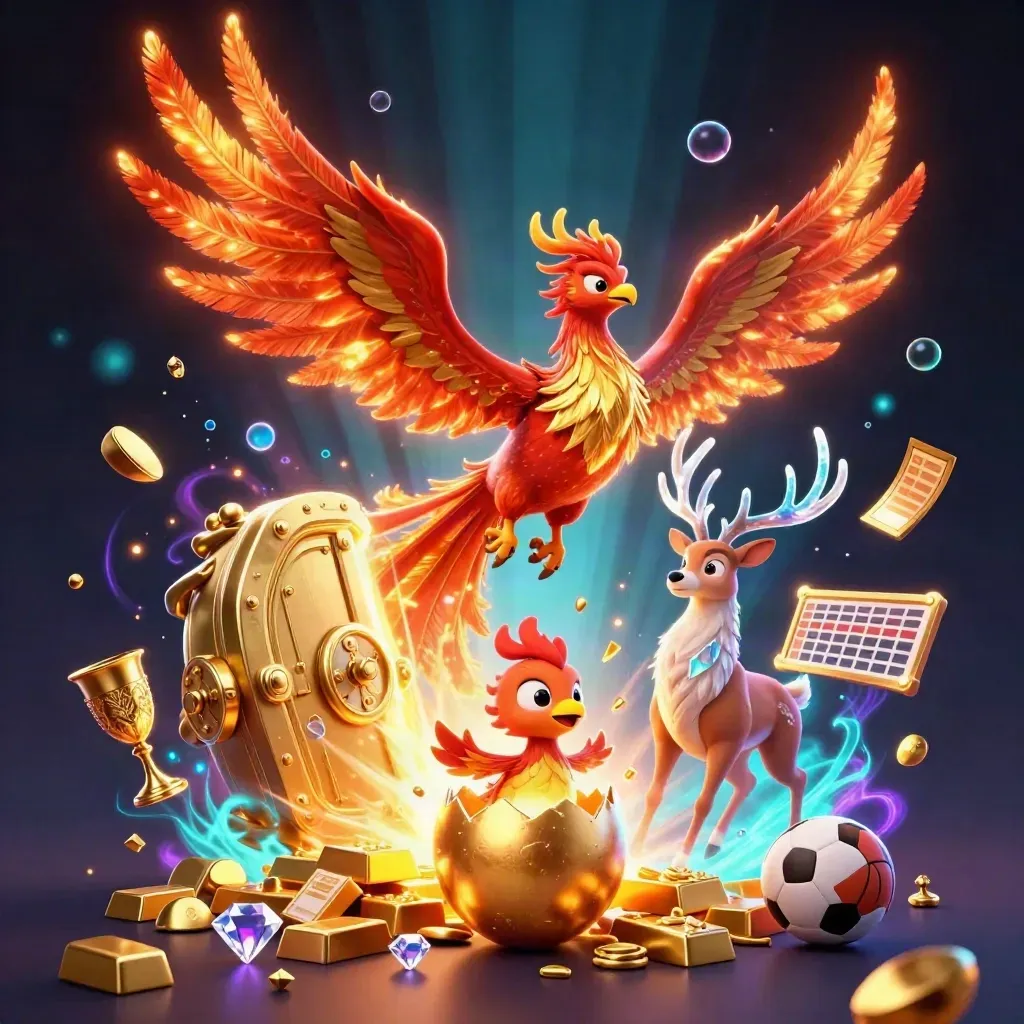 Phoenix, baby phoenix, and crystal stag burst from a treasure vault in neon casino light.