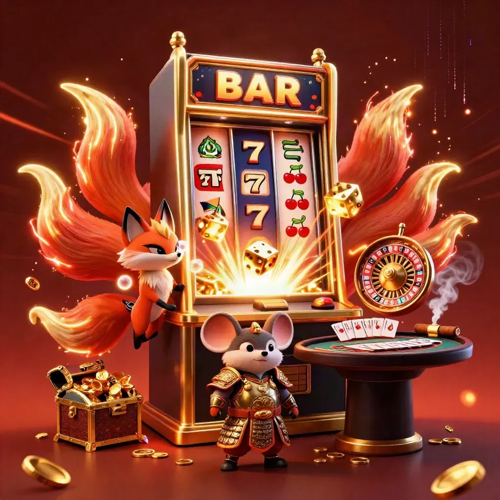 Neon fox spirit and armored mouse amid slot burst, gold dice, and casino glow