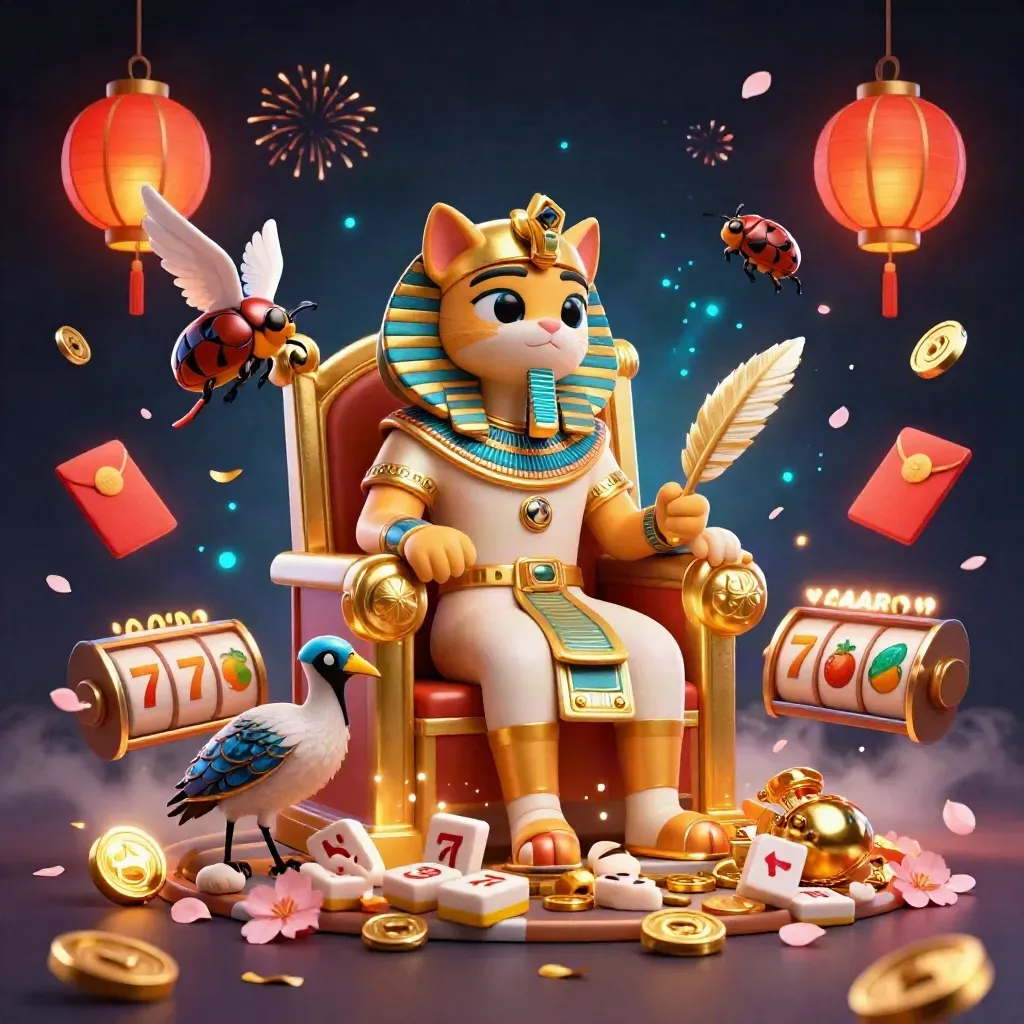 Pharaoh cat, ibis scribe, and gem-wing scarabs amid casino treasure bursts on a neon crimson throne.