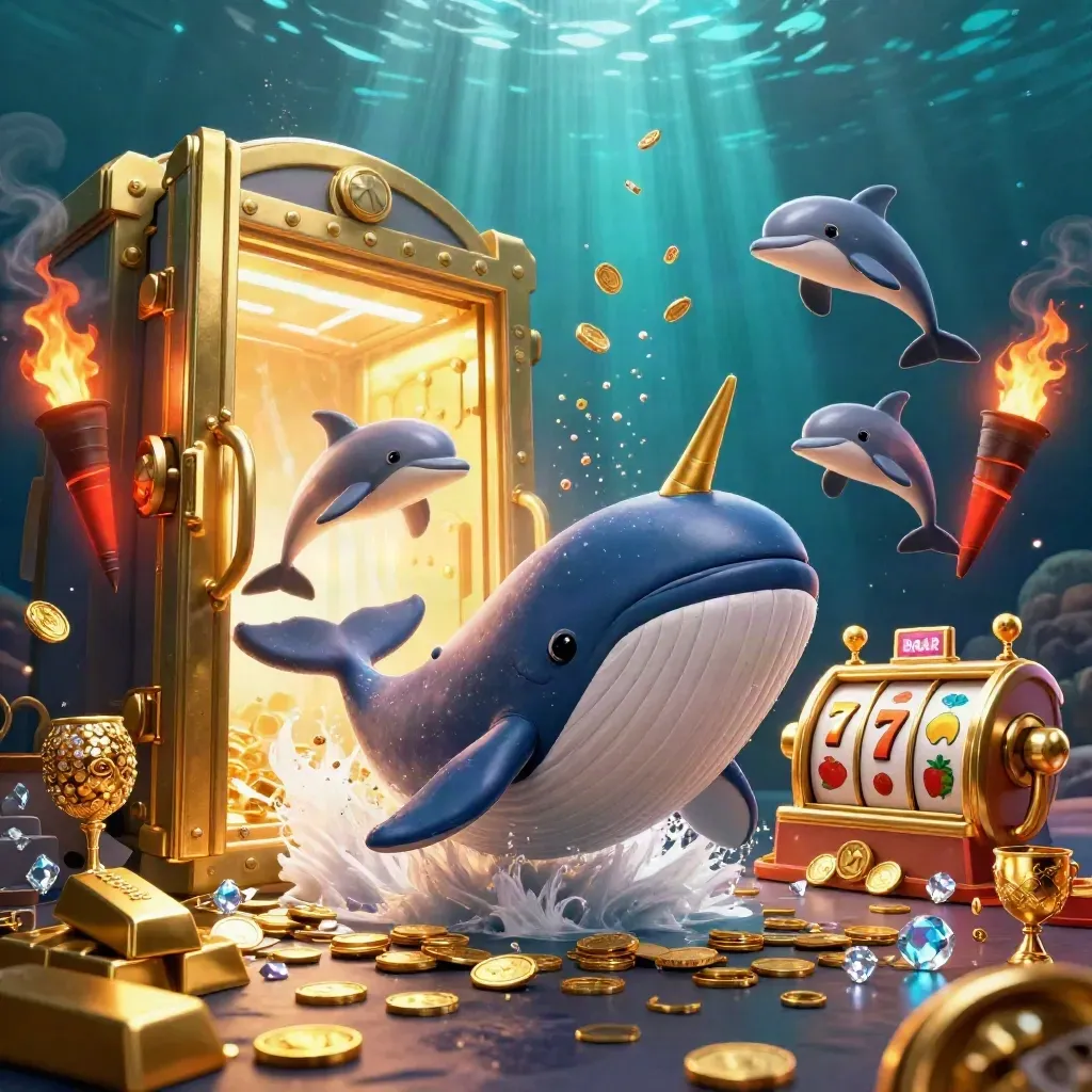 Whale captain, narwhal, and dolphins burst through coins with treasure and glowing casino loot.