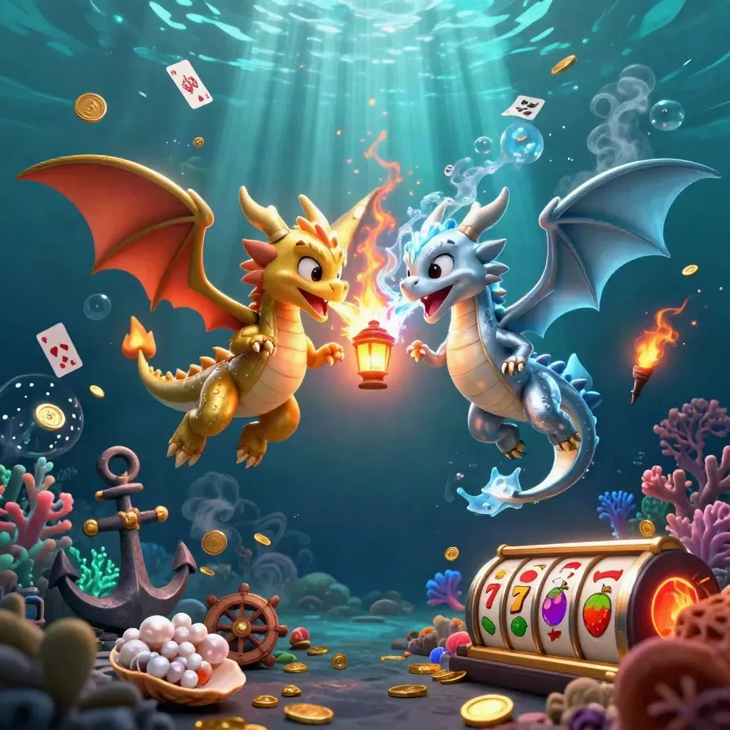 Two dragons clash fire and ice over a jewel-filled sunken cove with a tiny lantern spirit.