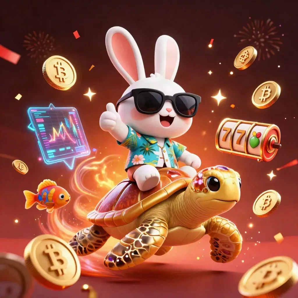 Lucky rabbit rides a golden sea turtle amid crypto coins, neon sparks, and casino chaos.