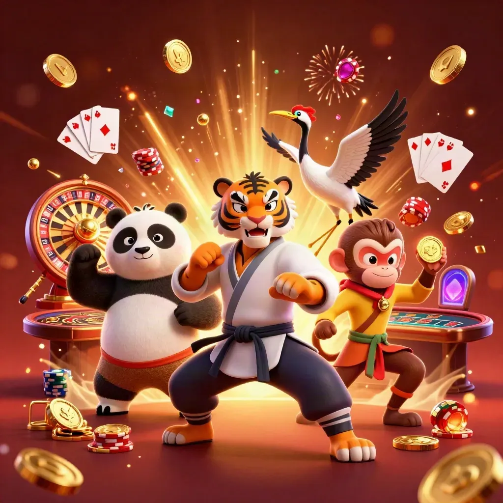 Kung-fu tiger, panda and monkey amid casino coins, roulette, cards and fireworks.