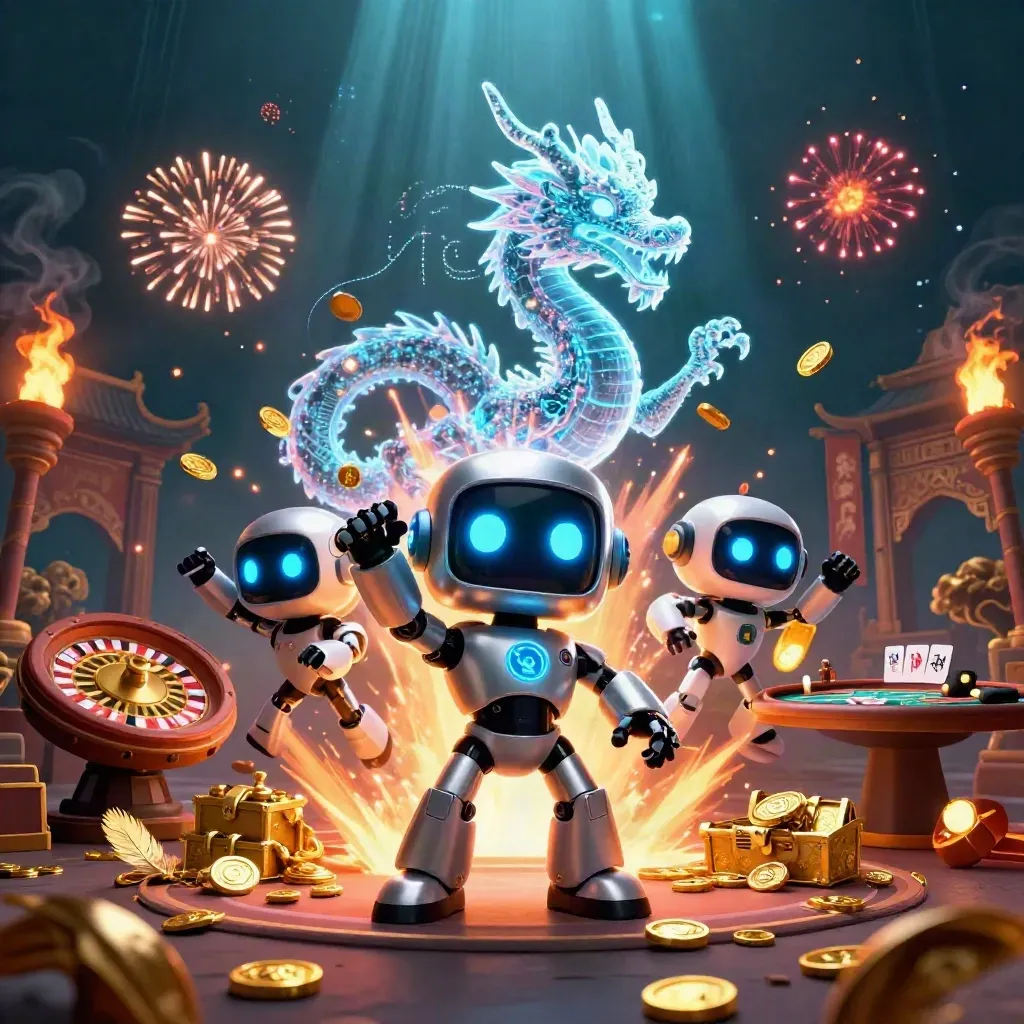 Cyberpunk robot, holographic dragon and coin drone amid casino treasure, fireworks and gold