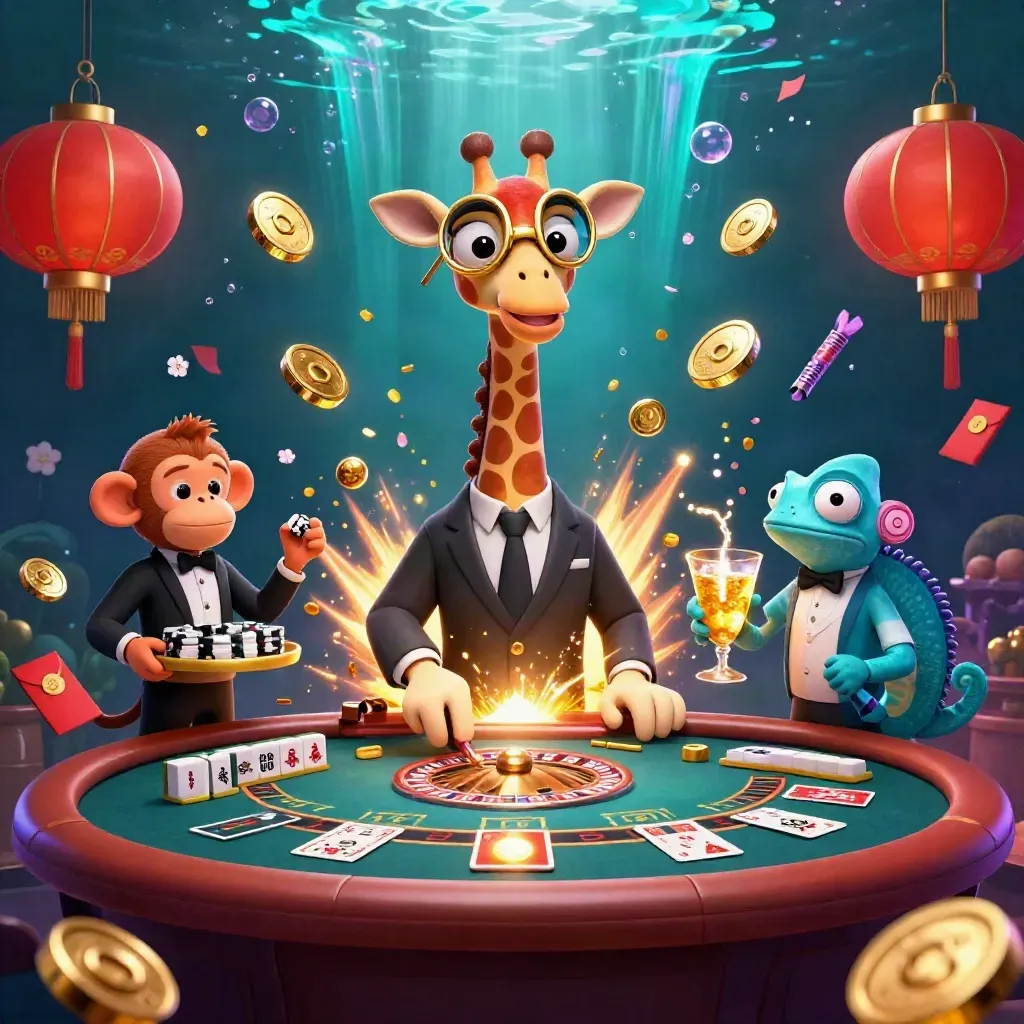 Giraffe, monkey, and chameleon in a neon casino burst with gold coins and fireworks.